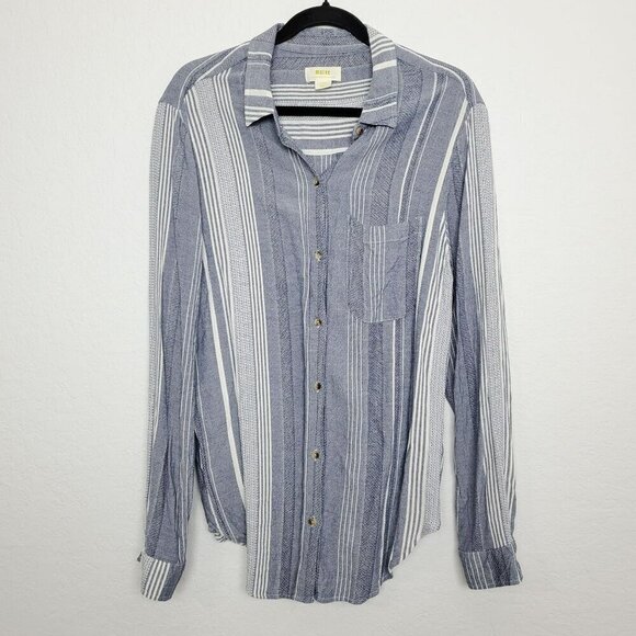 Anthropologie Maeve Womens Button Front Shirt Size L Striped Blue White Pocket - Picture 1 of 8